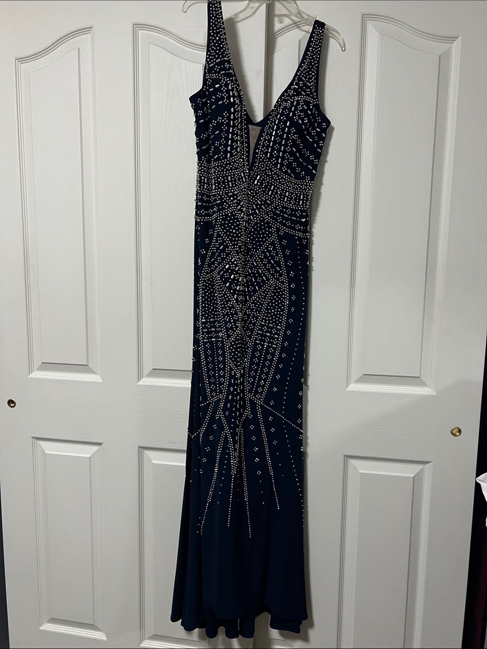 Xscape Navy Crystal-Embellished Evening Gown